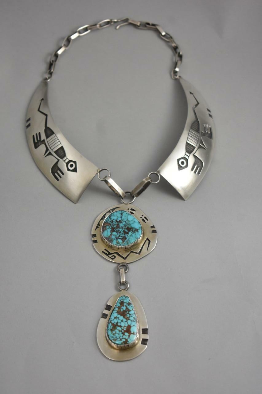 Sterling Silver & Turquoise Hopi Collar Necklace By Bueford Dawahoya